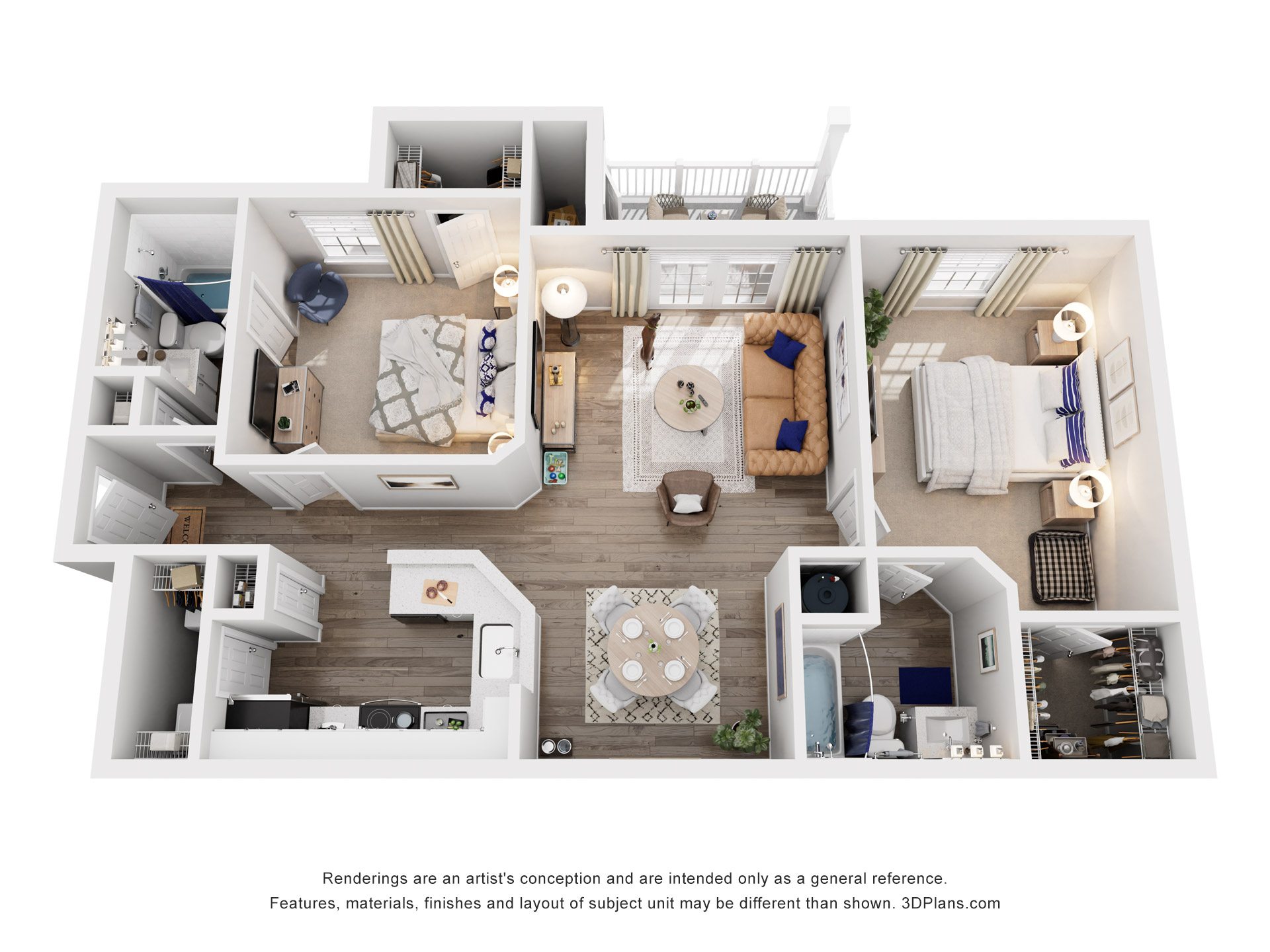 Floor plan for 2 beds, 2 baths, 1192 sqft